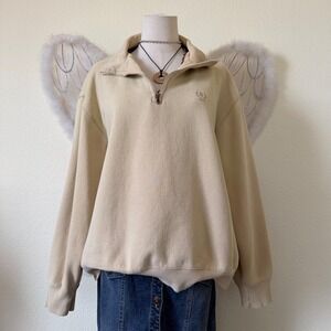 Preppy Oversized Quarter Zip Sweatshirt Beige Dad Size XL Granola Girl Y2K